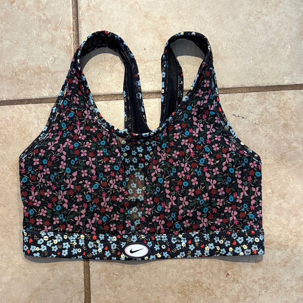 Nike Black Floral Racerback Sports Bra with Pink & Blue Accents